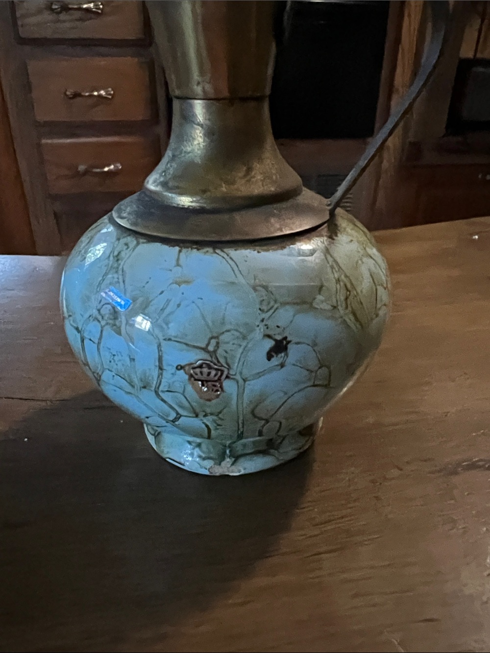 Ceramic & Brass Vintage Ewers - Light Blue Crackle Glaze. I have two. - Picture 5 of 12